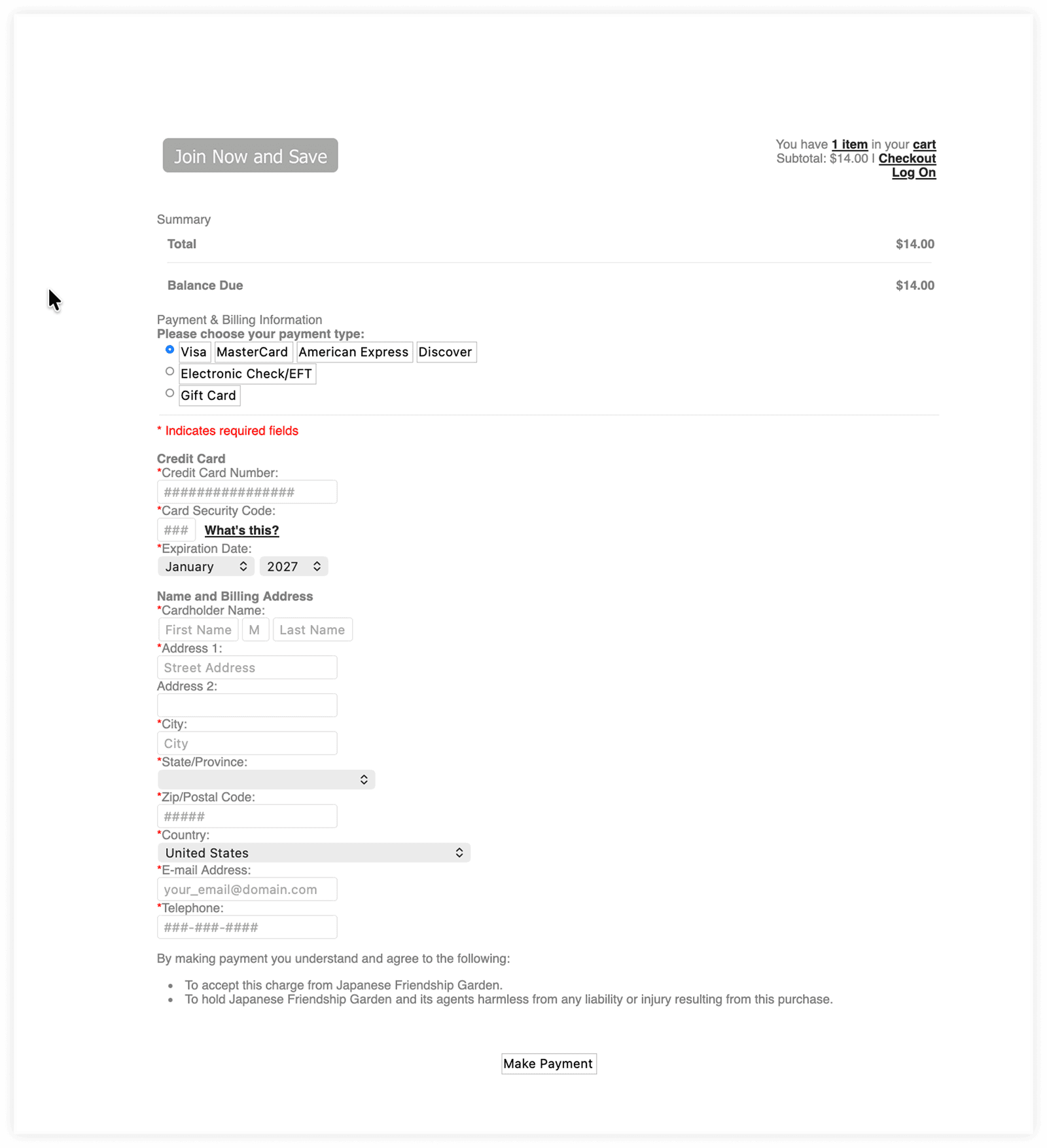 Original ticket checkout page