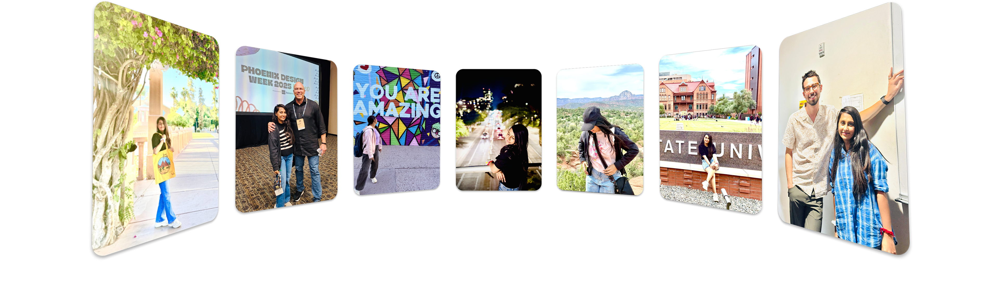 A collage of moments from my design journey — conferences, campus life, and the people along the way