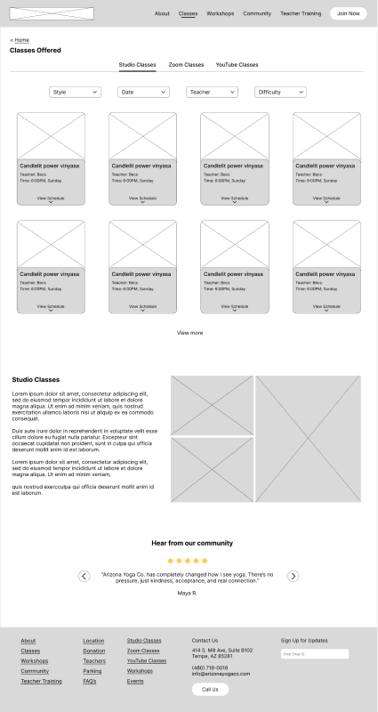 Classes Offered (Class Details) - Major Issue wireframe